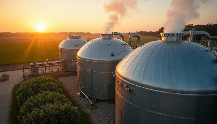 Anaerobic digester tanks at sunrise.